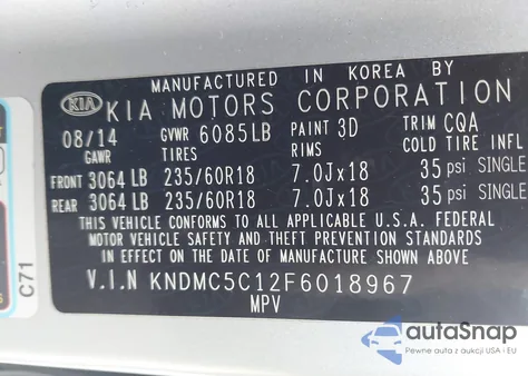 2015 Kia Sedona Sx z USA, uszkodzony, nr VIN KNDMC5C12F6018967